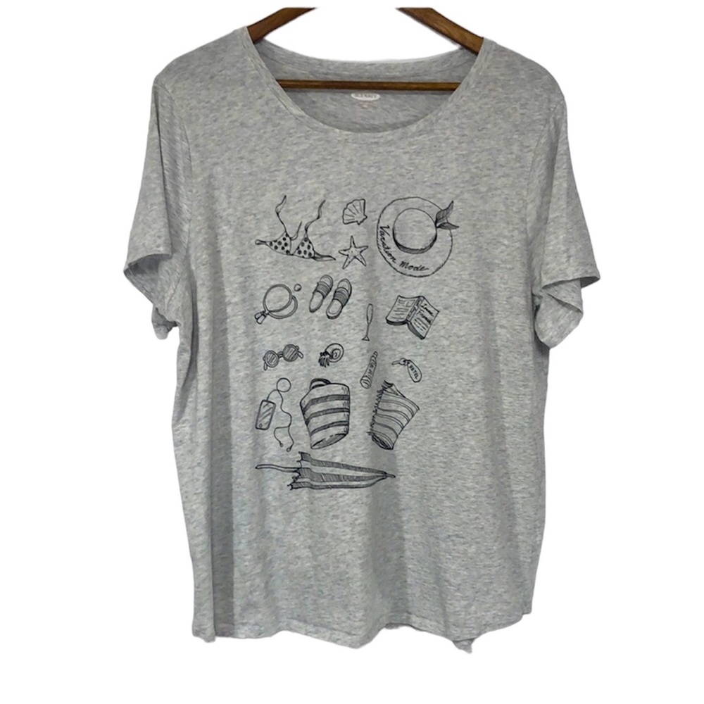 Old Navy Short Sleeve Gray Cotton Graphic Tee Beach Themed Curved Hem Size XXL